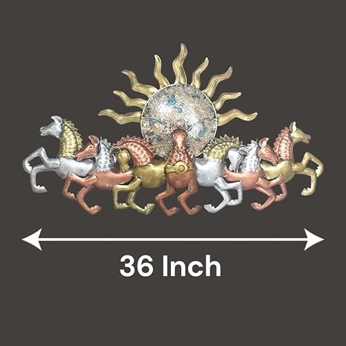 Image of iHandikart 7 Running Horses with Sunrise Wall scultpure | Metal Wall Art | Large Vastu Horses Wall Decor for Living Room | Modern 3D Metal Wall Art for Home, Office & Hall | Multicolor Horse Wall Art