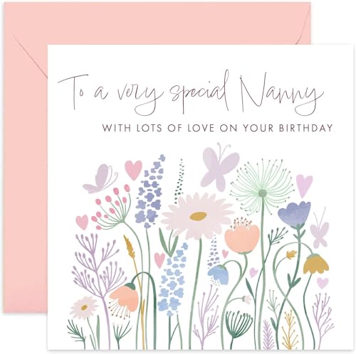 Old English Co. To A Very Special Nanny Birthday Card - Flower Butterfly Heart Meadow Happy Birthday Card for Nanny | Cute Sweet Pastel Design | Blank Inside & Envelope Included