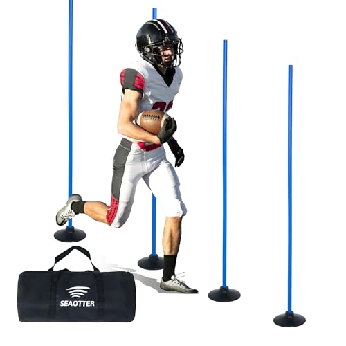 SEAOTTER Soccer Agility Poles Set, 4 Pcs 6FT Adjustable Sports Trainning Speed Poles Slalom Poles with Rubber Base, Agility Training Equipment for Football, Rugby, Basketball, Indoor & Outdoor