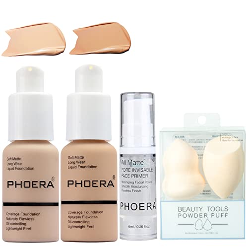2Pcs #102+#104 PHOERA Foundation and Face Primer,Liquid Full Coverage Foundation Set,2 Makeup Sponge,Matte Oil Control Concealer Foundation Cream, Great Choice and Gift.(#102h)