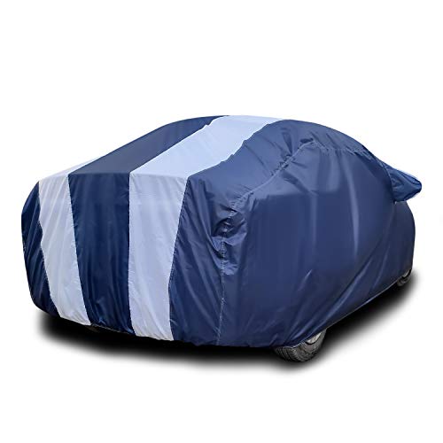 Image of PURPLEHEART Car Body Cover Compatible with F-Pace with Mirror Pocket Triple Stitched Bottom Elastic Water Resistant UV Protection & Dustproof Car Cover-Blue & White