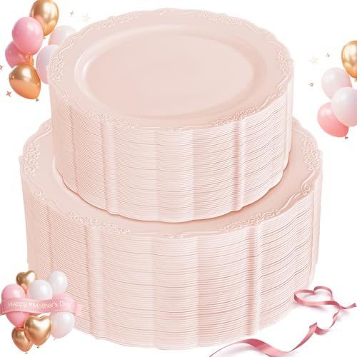 U-QE 100PCS Mauve Pink Plastic Plates - Plastic Party Plates Disposable Heavy Duty - Pink Disposable Plates for Party Including 50PCS 10'' Dinner & 50PCS 7.5'' Dessert