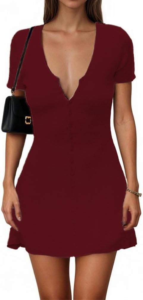 GCZREN Women Sexy Deep V Neck Button Front Knit Mini Dress Elegant Short Sleeve Ribbed Flowy Hem A-Line Short Dress