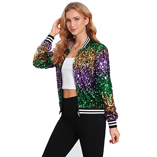 Yutuwomsfushi Womens Sequin Bomber Jackets Mardi Gras Jacket Sparkly Outfit Sequined jacket Glitter Blazer Party Christmas Brilliant Color Medium