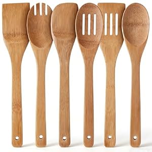 Wooden Spoons for Cooking, 6 Piece Dark Wooden Spoon Set, Wooden Spatula for Cooking, Slotted Wood Bamboo Spoon, Wooden Utensil Set, Premium Wood Kitchen Utensils