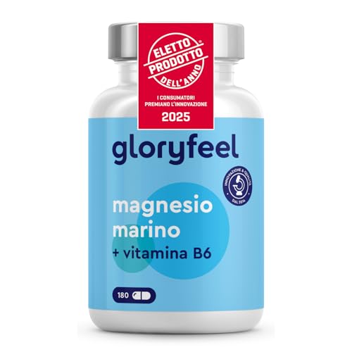 Magnesio Marino Puro, Eletto PRODOTTO DELL'ANNO 2025, Magnesio360mg con Vitamina B6, Integratore Cloruro di Magnesio contro Stanchezza e più Energia*, 180 Capsule, Senza Additivi, 100% Vegan