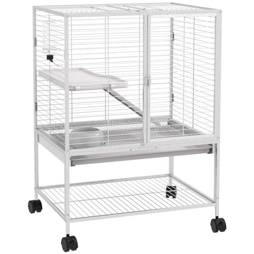PawHut Cage pour Petits Animaux sur roulettes 2 Niveaux avec 2 Portes, 1 Rampe, 1 étagère de Rangement, Bol, Bouteille - 61,5 x 44,5 x 86 cm, Gris