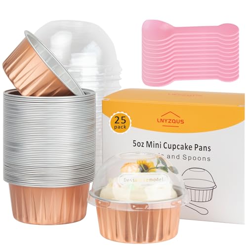 5oz Cupcake Baking Cups with Lids 25 Pack Foil Muffin Tin Mini Cake Pans Small Cupcake Containers Disposable Creme Brulee Ramekins Liners for Bake Sales Wedding-Champagne
