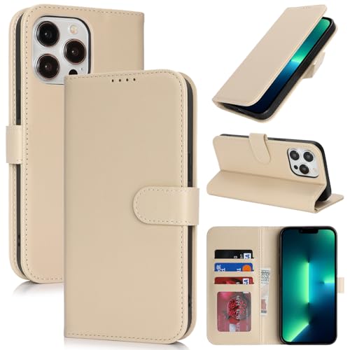 Image of for iPhone 13 Pro Max Case Wallet with Card Holder,for iPhone 12 Pro Max Wallet Case for Women Men,PU Leather Shockproof Magnetic Buckle Stand Flip Phone Case-Beige