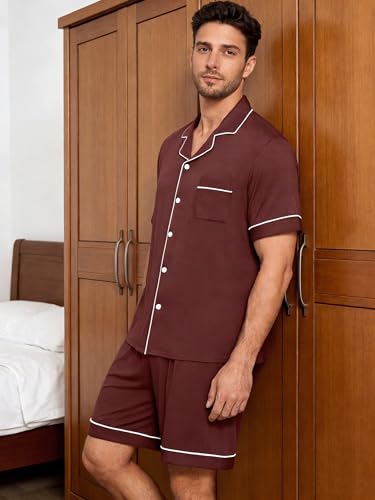 Image of Mens Pajamas Set Short Sleeve Sleepwear Button Down Loungewear Set Soft Modal 2Pcs Pj Set with Pockets S-3XL