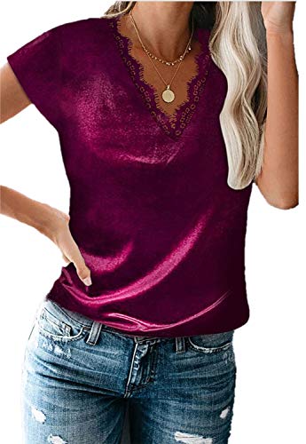 lime flare Women Sexy V Neck Lace Trim Satin Tee Shirt Tops Dressy Silk Crushed Tank Tshirt Blouse (M,Red Velvet Eyelash Lace Short Sleeve)