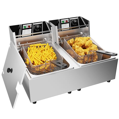 TAIMIKO Electric Deep Fryer Commercial Double Tank Deep Fat Fryer Stainless Steel Chip Fryer Countertop 6Lx2 5000W with Lids