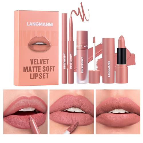 3 in 1 Matte Samt-Lippenstift-Set, 3Pcs Matte Lippenstift + Matte Flüssig-Lippenstift + Lip Liner Set, Samtiger Lippenstift Lang anhaltender Lipgloss Make Up Geschenkset (#01, 1er-Packung)