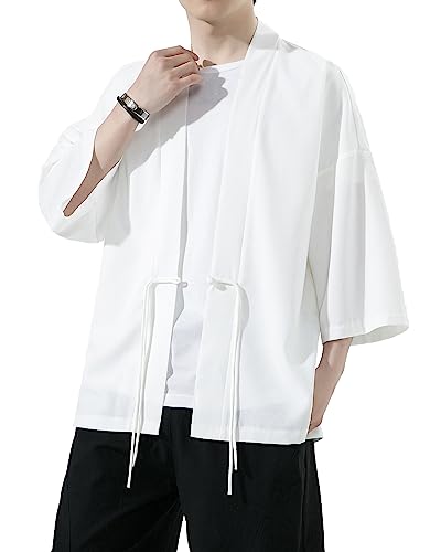Image of Mens Kimono Cardigan Cotton Linen Japanese Shirt 3 /4 Sleeve Haori Yukata | Skin-Friendly Solid Color Lightweight Shawl Collar Kimono Robe Embroidery Button Tie Pockets Happi Coat All Season Daily Wear