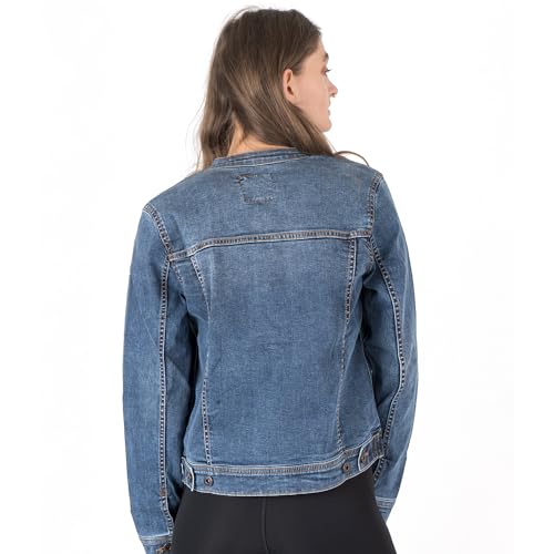 ジャケット・アウター Magine WASHED DENIM NO COLLAR COVER ALL NOROZE Women's Collarless Denim Jacket Long Sleeve Washed
