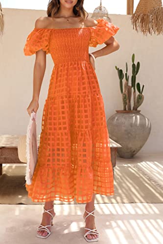 Prettygarden Women's Casual Summer Midi Dress Puffy Short Sleeve Square Neck Smocked Tiered Ruffle Dresses (Plaid Orange,Large) #TOP2