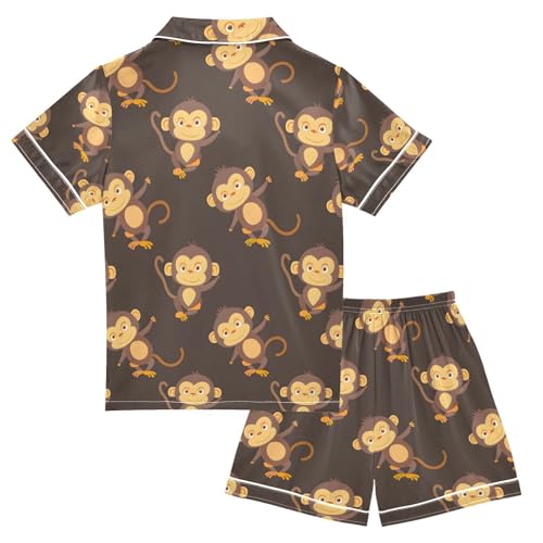 ALAZA Monkey Cartoon Stylish Pajamas Satin Pajama Set Short Sleeve Button Down Sleepwear2