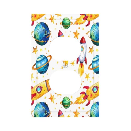 Mexpekil Cartoon Space Planets Rockets Light Switch Cover, 1 Gang Single Duplex Wall Plates, Decorative Outlet Covers Switchplate for Home Office