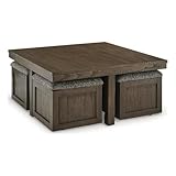 BOWERY HILL Wood Contemporary Brown Coffee Table with 4 Stools