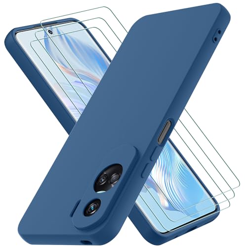 Oureidoo Funda para Honor 90 Lite con 3 Unidades Cristal Templado, Carcasa de Sedoso-Tacto Suave Silicona Líquida, Cubierta a Prueba de Golpes con Forro de Microfibra, Azul