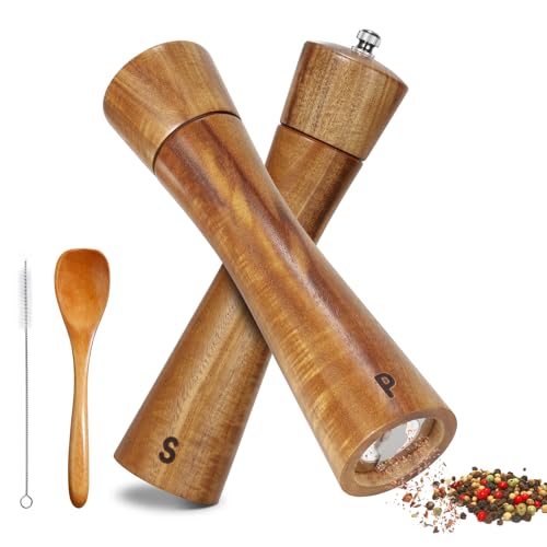 BEZORR Salt and Pepper Grinder Set Adjustable Ceramic Grinders 2 Piece 8 Inches Acacia Wooden Salt & Pepper Mills with Spoon and Brush, Brown