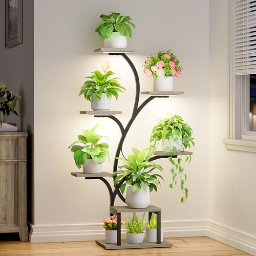 Image of BACEKOLL Plant Stand Indoor with Grow Lights, 7 Tiered Indoor Plant Shelf, 49 inch Corner Plant Stands for Indoor Plants, Metal Plant Flower Display Shelf, Tree-Shaped Plant Rack for Home, Patio, Grey