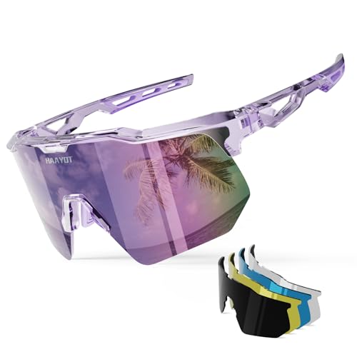 HAAYOT Polarized Sports Sunglasses for Men Women Youth Baseball Cycling Running Softball Biking Glasses 5 Lenses Transparent Purple