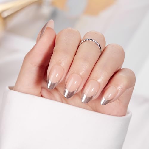 VSALON Almond Short Press on Nails, Silver Chrome Finish Glossy French Tip
