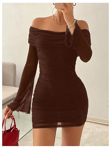 Image of GORGLITTER Women's Off The Shoulder Mesh Mini Dress Long Sleeve Y2K Sexy Ruched Bodycon Birthday Club Party Dresses