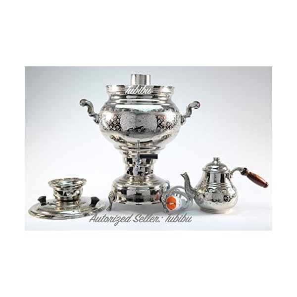 Tubibu - Juego de tetera Samovar de cobre hecho a mano de cobre real Samovar enchufe de la UE 220 V (cobre plateado) - Imagen 5