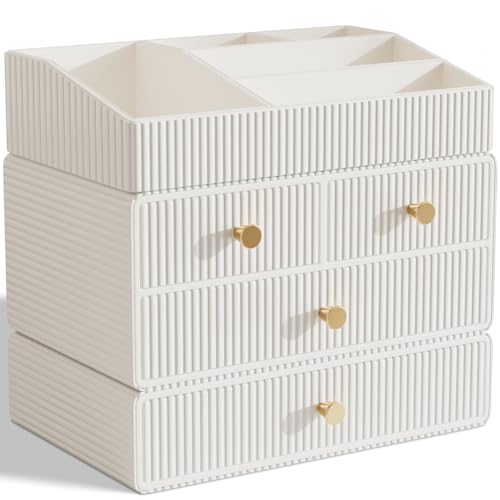 Makeup Organizer Countertop,Vanity Organizer,Skincare Organizers,Cosmetic Organizer with Draws,Luxury Large makeup storage,Make up Organizers for Vanity,Gifts for Women Birthday Unique (white)