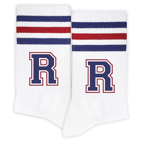 SSQBZU Initial Socks, Striped Socks with the Letter ‘R’ in Red & Navy Blue, Socks for Men&Women, Gifts for Him&Her, Ladies&Gentlemen, Family, Friends, Birthday, Christmas, Anniversary. (064)