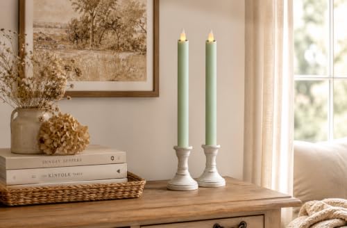 Image of Flameless Taper Candles Flickering with Remote and Timer, 3D Moving Flame Taper Candle Battery Operated to 400 Hours, 9 Inch Window Candles, (Sage Green)