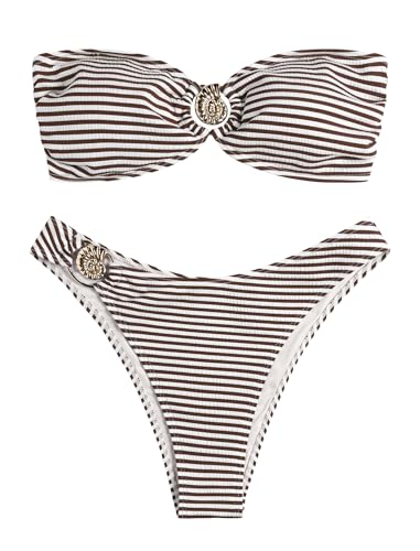 Image of ZAFUL Women's Bandeau Bikini O Ring Strapless Tie Back High Cut Two Piece Swimsuit Bathing Suits