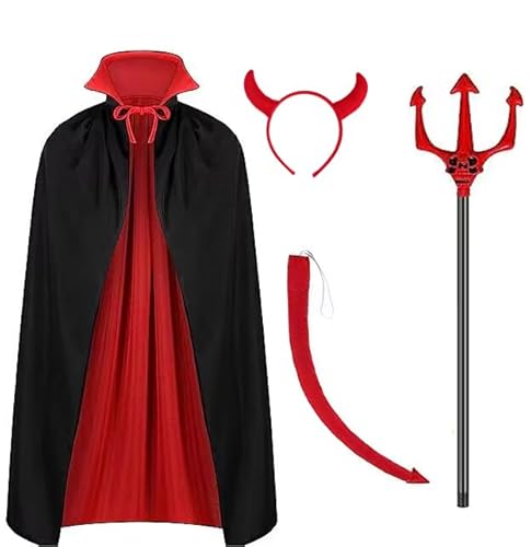 Juephe Halloween Devil Costume Set Vampire Cape Reversible Cloak Devil Horn Headband Red Devil Fork