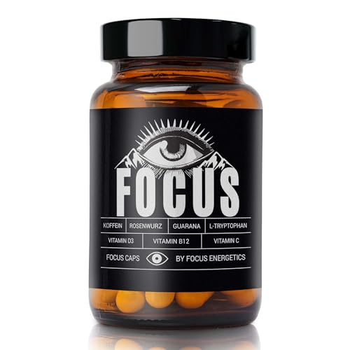 Focus Caps – Dein Support für mentale Klarheit, Konzentration & Energie – Mit Koffein, Guarana, L-Tryptophan, Vitamin C, D und B12 – 60 Fokus Kapseln