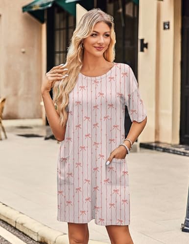 Image of Ekouaer Sleep Shirts for Women Nightgown Short Sleeves T shirt Night Dress Round Neck Womans Nightgown with Pocket S-XXL