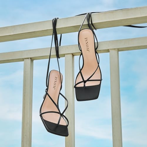 ISNOM Lace Up Heels Sandals for Women, Square Toe, Open Toe Thong, Stiletto Heels Design3