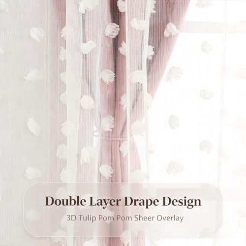 Image of Pink Room Darkening Curtains for Girls Nursery Bedroom 52x90 Inch | 80% Blackout Double Layer Curtains with Pom Pom Sheer Overlay, Grommet Privacy Drapes for Toddler Bedroom Decor, 2 Panels