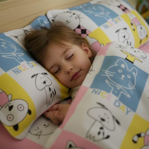 Image of Filymore Cute Cat Bedsheet Made with Microfiber Wrinkle Free Soft Hypoallergenic | Cartoon Printed Double Bed Queen /King Size for Kids (90x90 Inches /Boys Girls Room)(Yellow and Blue)
