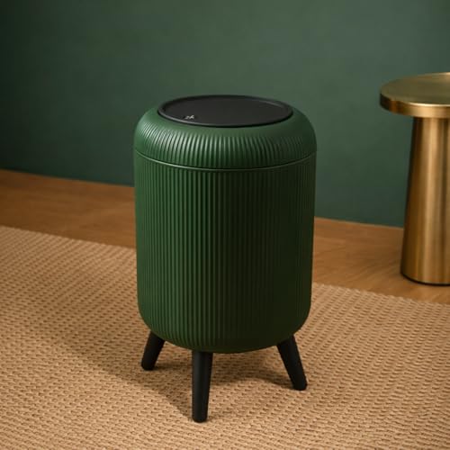 Image of ZENOVIA Modern Floor-Standing Dustbin with Legs | Push-Button Lid | Green Ribbed Plastic Waste Bin for Bedroom, Living Room & Kitchen | Large Capacity Decorative Trash Can | Push-Button Lid, Ribbed Plastic, With Legs, Odour-Free