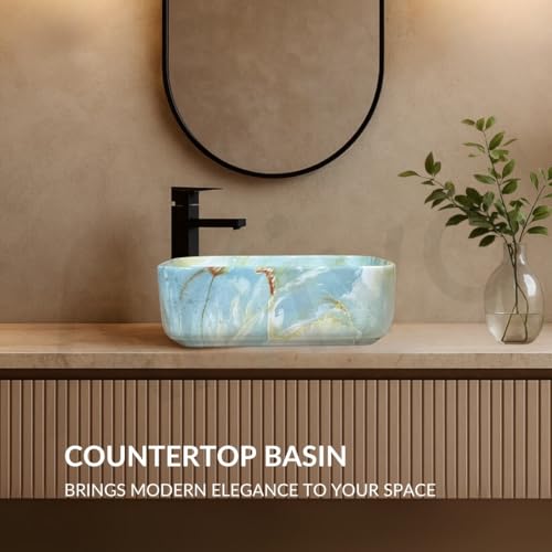 Image of Artiva Ceramic Wash Basin /Tabletop Washbasin For Bathroom,12 inchx16 inch /Small Countetop Bathroom Basin /Table Top Basin For Home,Office,Hotel /Rectangle Glossy Sink (Marble Green,12x16 Inch)