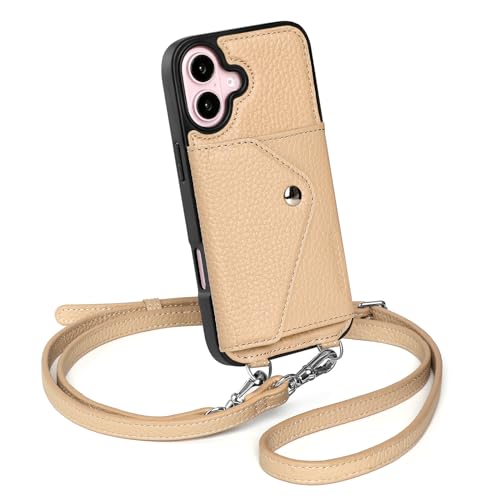 LUCKYCOIN Crossbody Phone Case for iPhone 16,Genuine Leather Wallet Phone Case with Expandable Flip Card Holder,Beige Phone Purse for Women with Adjustable & Removable Strap,Travel/Shopping/Parties
