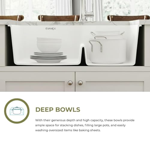 Image of EVANEX Quartz Kitchen Sink|Double Bowl Sink for Kitchen|Topmount /Undermount Kitchen Sinks|White Double Sink with Connector, Waste Pipe, Coupling and Drain Basket|34x20x9 Granite Kitchen Sinks