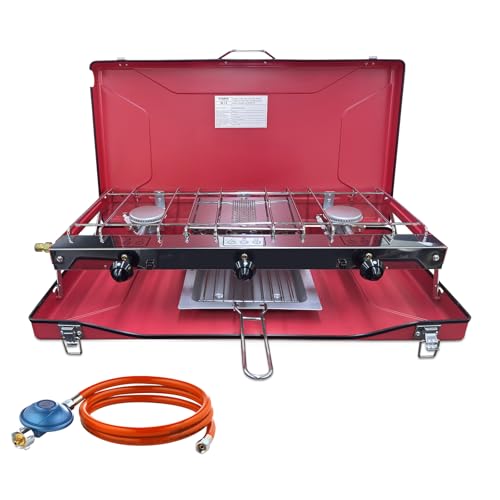 CAMPLUX JK-5330-DE Campingkocher 3-Flammig mit Deckel, 4.5kW Camping Gaskocher mit 50mbar Gasregler, Butan/Propan, Winddicht