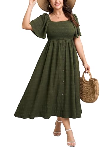 Plus Size Casual Maxi Boho Dress for Curvy Women Short Sleeve Square Neck Smocked Summer Beach Dresses Button Down Olive