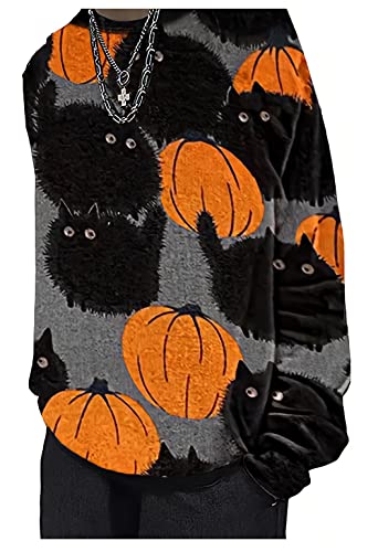 Chvity Womens Crewneck Sweatshirt Long Sleeve Halloween Shirts Causal Loose Fit Funny Pumpkin Shirt(Cat,XL)