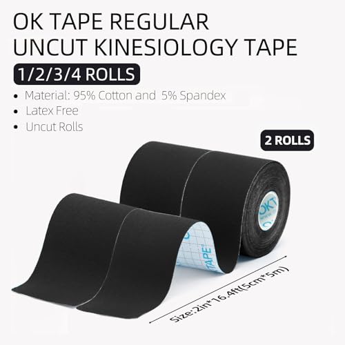 Image of OK TAPE Kinesiology Tape (2 Pack) Latex Free Cotton Uncut 2in x 16.4ft | Regular Original Elastic Water Resistant Therapeutic Athletic Tape for Support Muscle Joint Knee Injury Recovery Black