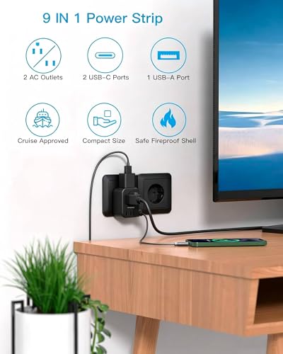 Image of Black European Travel Plug Adapter USB C, International Plug Adapter, US to Europe Adapter Plug 2 Outlets 3 USB Ports(2 C Port), Type C Power Adapter to Iceland Italy France Portugal Spain Germany