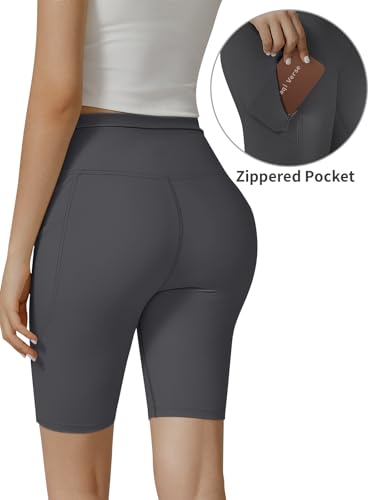 High Waisted Biker Shorts for Women with 3 Pockets, Butter Soft Tummy Control Squat Proof Workout Shorts-Grey-M — view 2